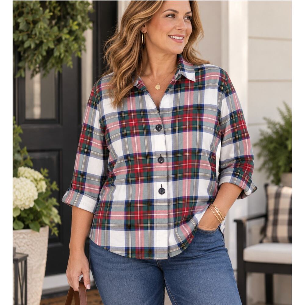 Foxcroft Plaid Button Down Shirt Plus Size 18 Wrinkle Free Cotton Tartan Preppy